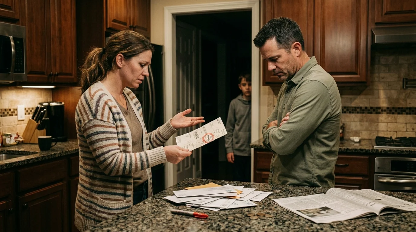 Couple arguing over electric bill in kitchen