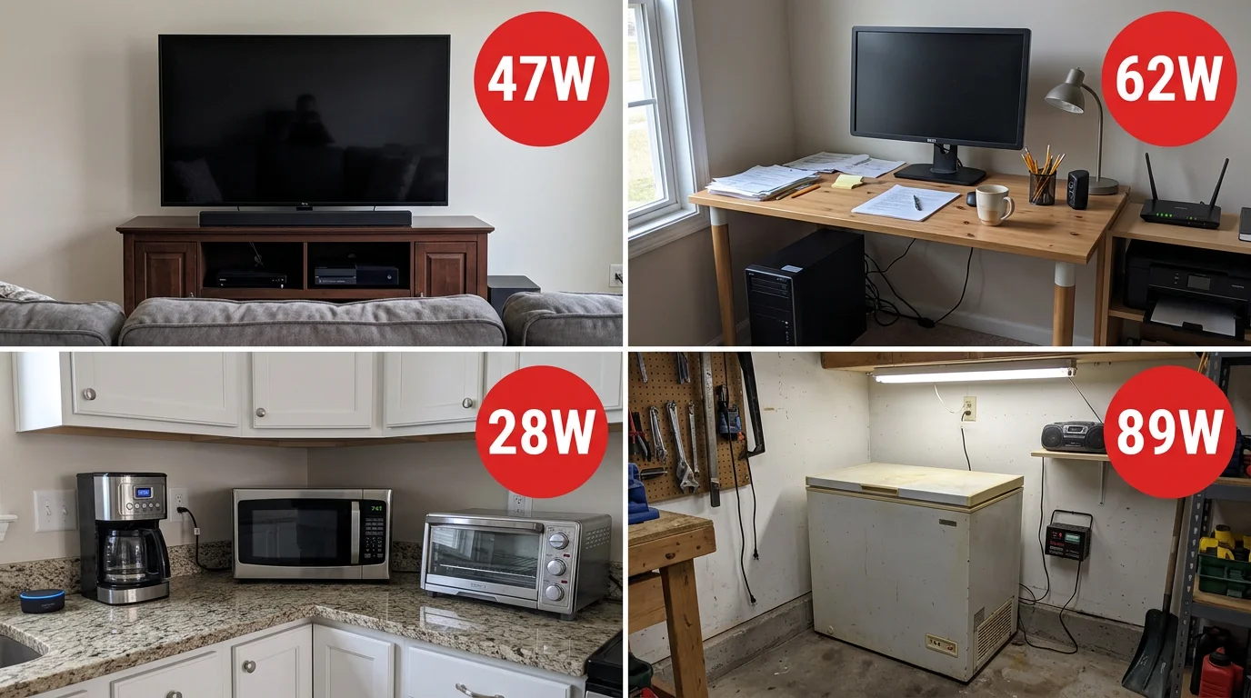 Home appliance phantom wattage grid — TV 47W, office 62W, kitchen 28W, garage 89W