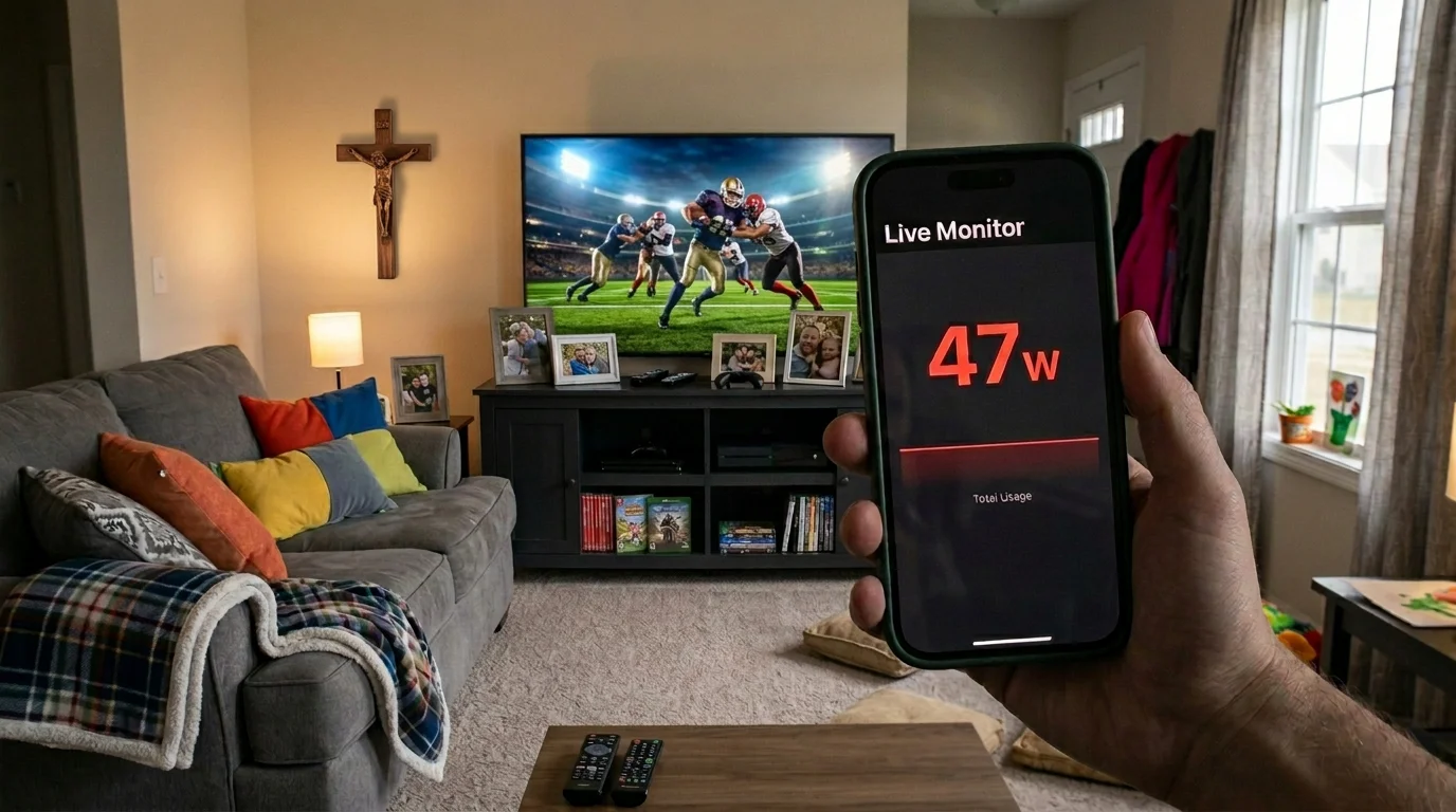 Live power monitor showing 47W draw from 'off' entertainment center