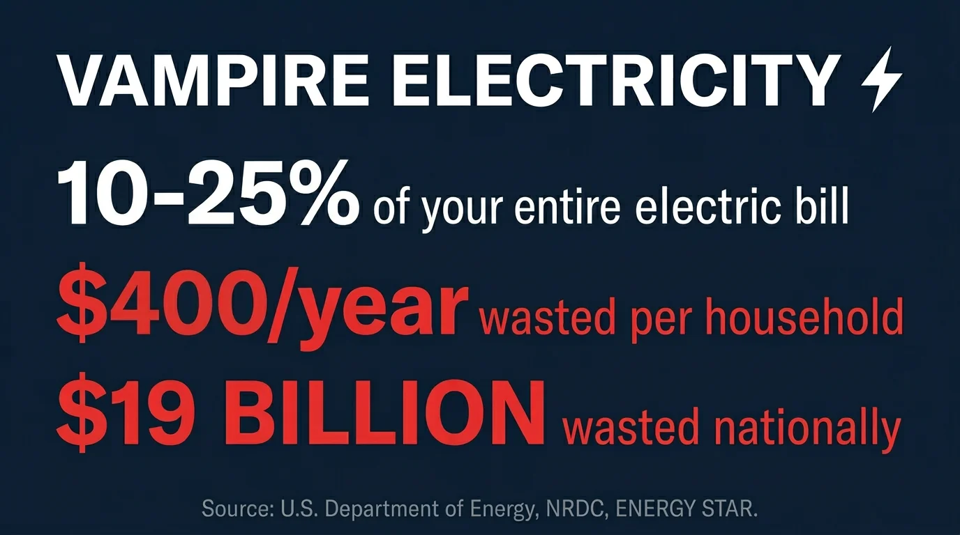 Vampire electricity facts — 10-25% of electric bill, $400/year wasted per household